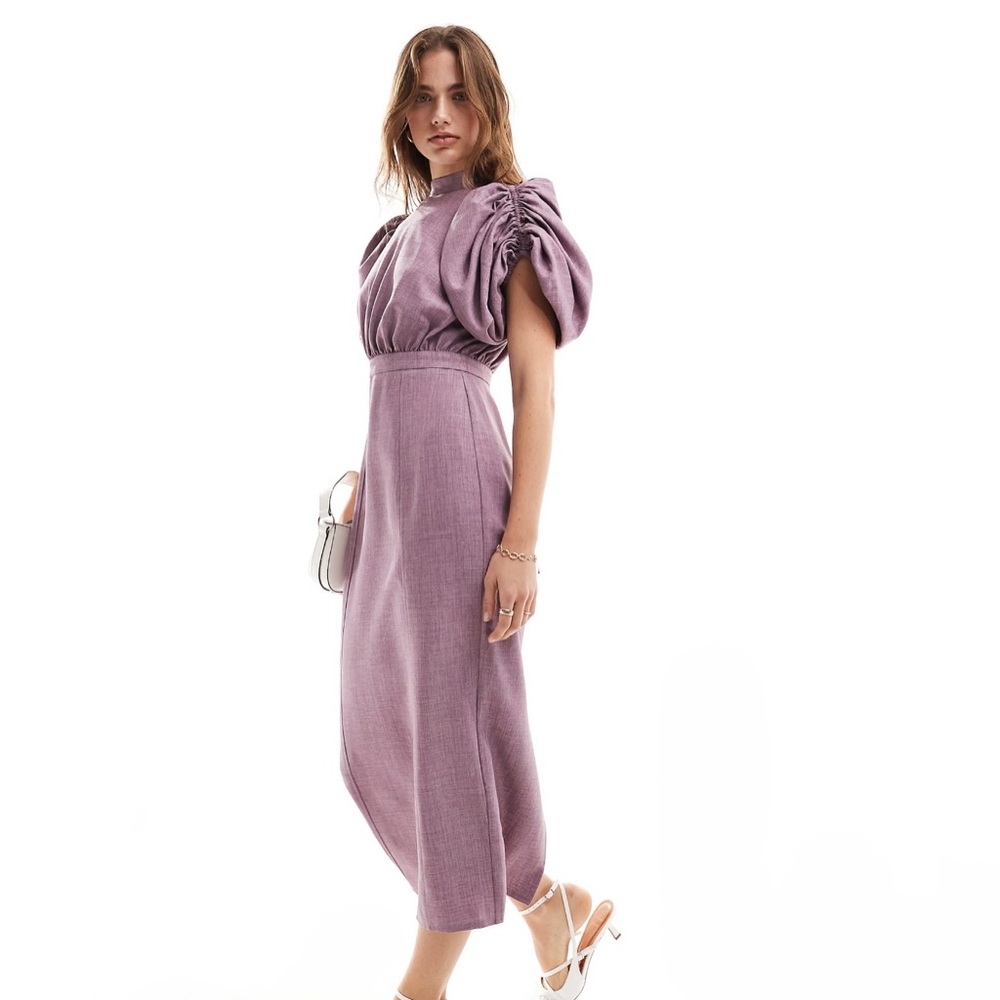 ASOS Purple Ruched Puff Sleeve Midi Dress